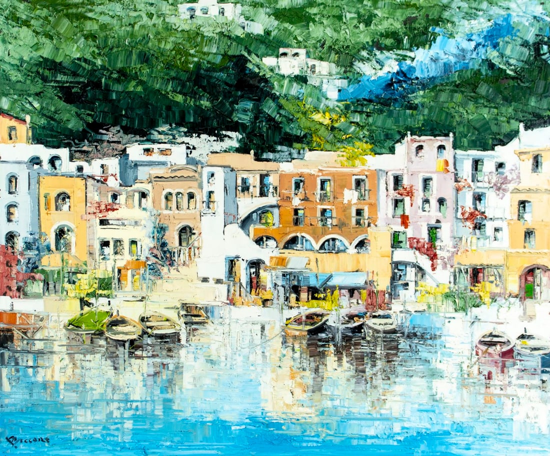 Antonio di Viccaro (Italy,20C) oil painting: ARTIST: Antonio di Viccaro (Italian, 20 century) TITLE: Cityscape - Marina Grande, Capri, Italy MEDIUM: oil on canvas CONDITION: Overall good. No visible inpaint under UV li