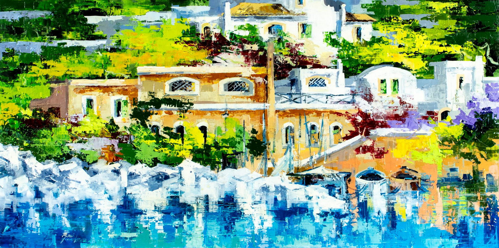 Roberto di Viccaro (Italy,b 1964) oil painting: ARTIST: Roberto di Viccaro (Italian, born 1964) TITLE: Capri Harbor Scene - Case e Riflessi, Italy MEDIUM: oil on canvas CONDITION: Overall good. No visible inpaint under UV