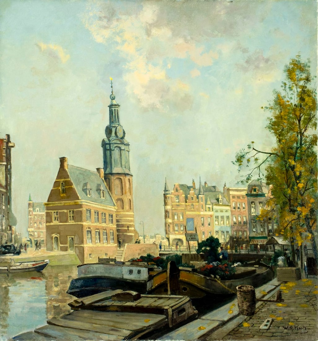 Willem Alexander Knip (Dutch,1883-1967) oil painting: ARTIST: Willem Alexander Knip (Netherlands, 1883 - 1967) TITLE: Dutch Canal Cityscape MEDIUM: oil on canvas CONDITION: One nail hole by the lower left coner. No visible in