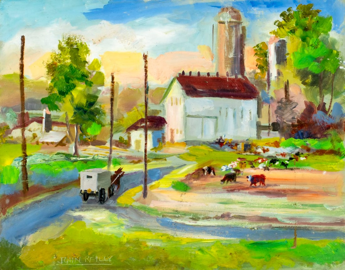 John Reilly (NY,NJ,1942-2021) oil painting: ARTIST: John Reilly (New York, New Jersey, 1942 - 2021) TITLE: Town Scene with Cows MEDIUM: oil on board CONDITION: Some scratches/paint losses. No visible inpaint under U