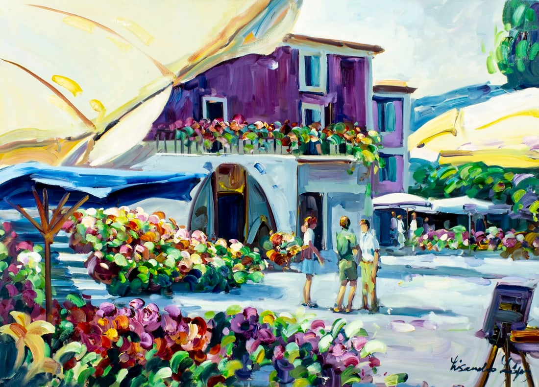 Lisandro Baylon (Argentina,US,1951-?) oil painting: ARTIST: Lisandro Lopez Baylon (Argentinian, American, 1951 - ???) TITLE: Cityscape MEDIUM: oil on canvas CONDITION: Unstretched (In-House stretching available) (In-House s