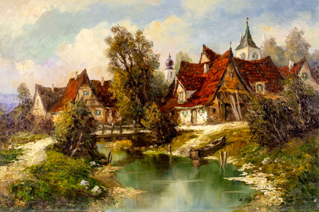 Ernst Jugel (German,1913-1985) oil painting: ARTIST: Ernst Jugel (Germany, 1913 - 1985) TITLE: Town Scene MEDIUM: oil on canvas CONDITION: One patch. Few minor paint losses. Some craquelure. No visible inpaint under