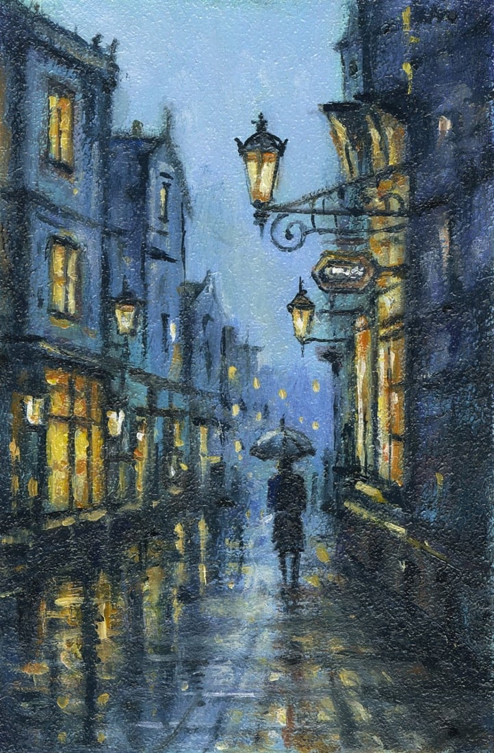 Vladimir Fenot (Ukraine,b 1970) oil painting: ARTIST: Vladimir Mikhailovich Fenot (Ukraine, born 1970) TITLE: Rainy Evening Cityscape MEDIUM: oil on board CONDITION: Very good. No visible inpaint under UV light.