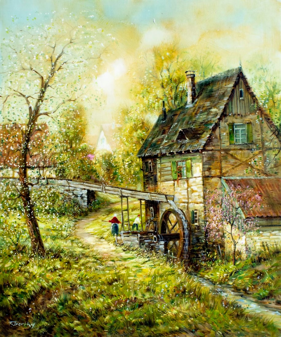 F Berthy (Europe,20C) oil painting: ARTIST: F Berthy (European, 20 century) TITLE: Watermill Landscape MEDIUM: oil on canvas CONDITION: Unstretched (In-House stretching available) (In-House stretching availabl