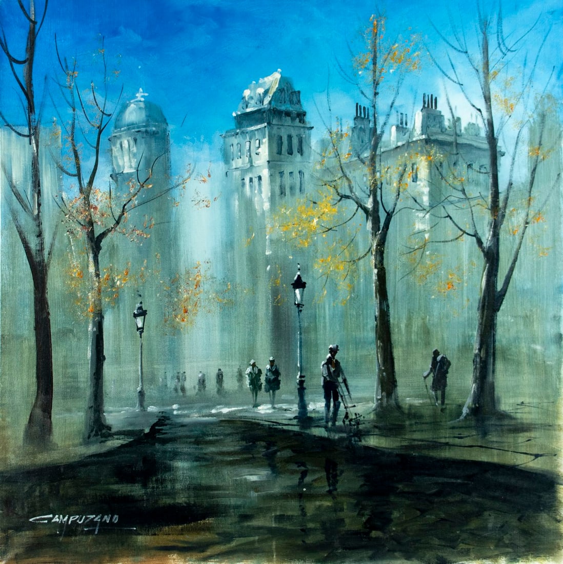 Jose Campuzano (NY,IL,Spain,1918-1979) oil painting: ARTIST: Jose Luis Campuzano (New York, Illinois, Spanish, 1918 - 1979) TITLE: Autumn Cityscape MEDIUM: oil on canvas CONDITION: Few very minor paint losses. No visible inp