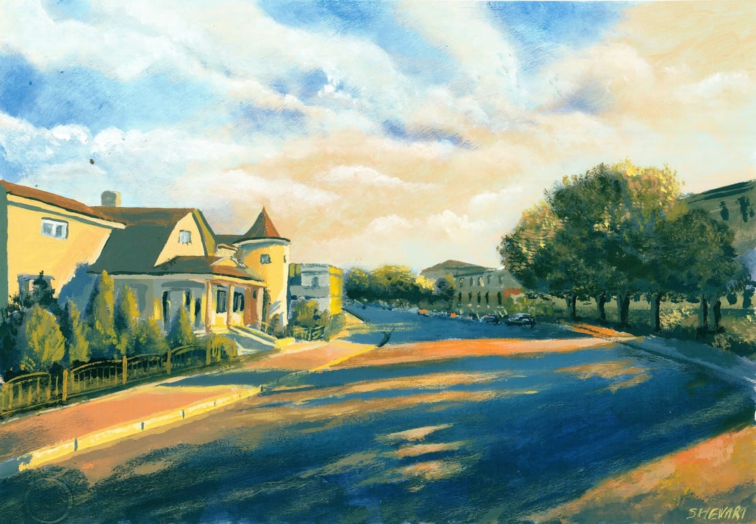 Grygoriy Shevchenko (Ukraine,20/21C) oil painting: ARTIST: Grygoriy Shevchenko (Ukraine, 20/21 centuries) TITLE: Sunset Cityscape MEDIUM: oil on heavy paper CONDITION: Very good. No visible inpaint under UV light.