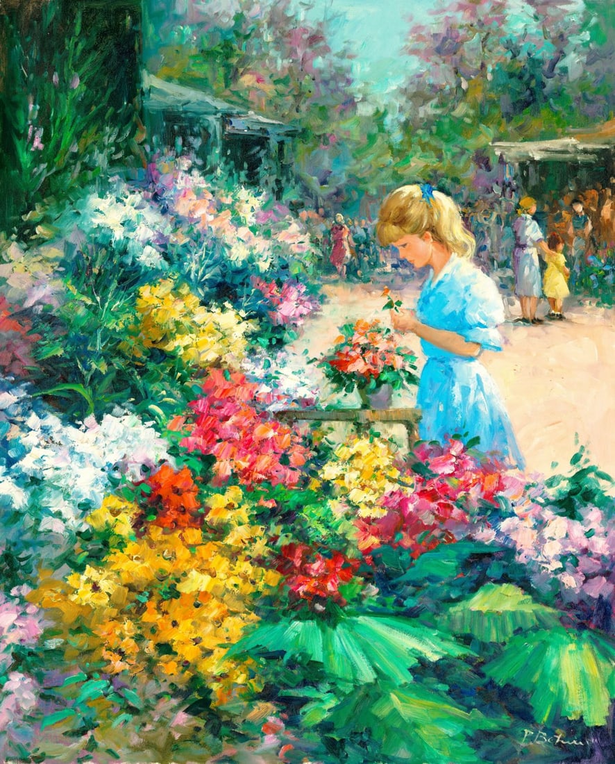 P Betrin (Europe,20C) oil painting: ARTIST: P Betrin (European, 20 century) TITLE: Flower Market Scene MEDIUM: oil on canvas CONDITION: Unstretched (In-House stretching available) (In-House stretching availabl