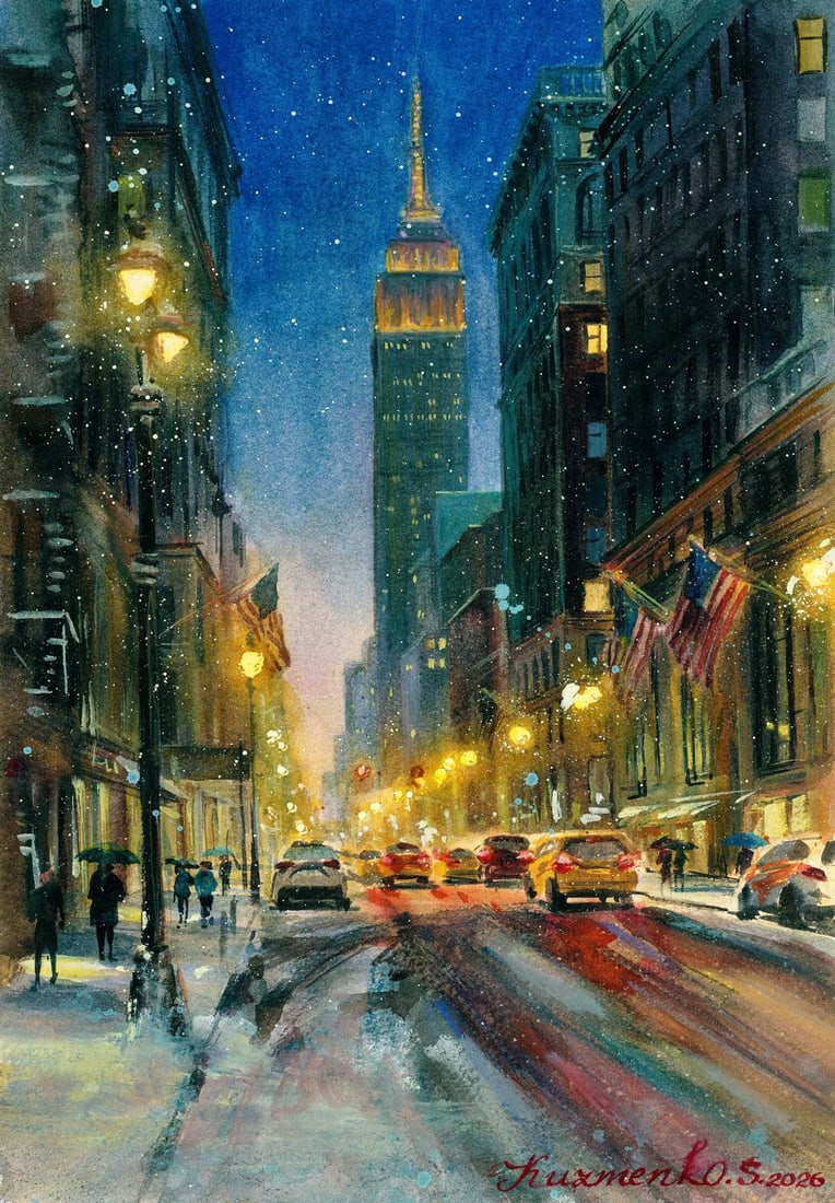 Sofia Kuzmenko (Ukraine,20/21C) watercolor painting: ARTIST: Sofia Kuzmenko (Ukraine, 20/21 centuries) TITLE: New York Cityscape, USA MEDIUM: watercolor on heavy paper CONDITION: Very good. ART SIZE: 13 x 9