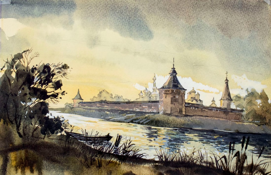 Vintage 20C European watercolor painting: ARTIST: - (Europe, 20 century) NAME: Church Landscape MEDIUM: watercolor on paper CONDITION: Minor age toning. Framed under glass. SIGHT SIZE: 9 x 14 inches / 22 x 35 cm FRAME
