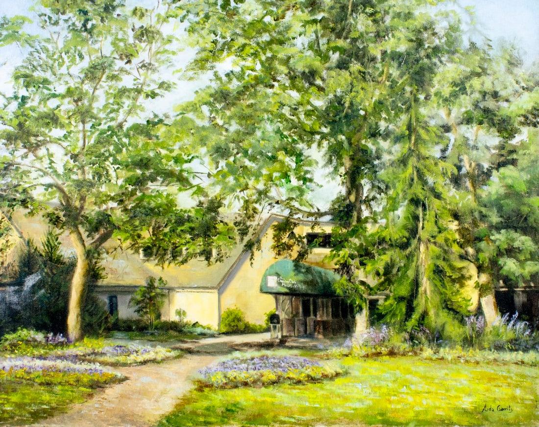 Aida Garrity (NY,20/21C) oil painting: ARTIST: Aida Garrity (New York, 20/21 centuries) TITLE: Town Scene MEDIUM: oil on canvas CONDITION: Very minor craquelure. No visible inpaint under UV light. ART