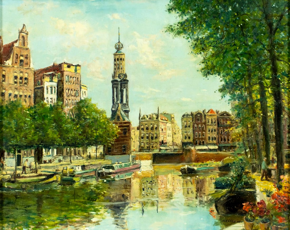 De Leeuw (Dutch,mid 20C) oil painting: ARTIST: De Leeuw (Netherlands, mid 20 century) TITLE: Amsterdam Canal Cityscape, Netherlands MEDIUM: oil on canvas CONDITION: Missing a few flakes of paint. No visible inpai