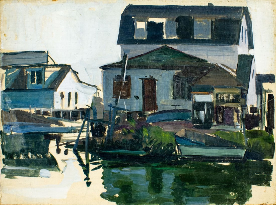 Tore Asplund (IL,NY,1903-1978) oil painting: ARTIST: Tore Asplund (Illinois, New York, 1903 - 1978) TITLE: Harbor Scene MEDIUM: oil on canvas. Canvas applied to board. CONDITION: One small scratch by the right edge.