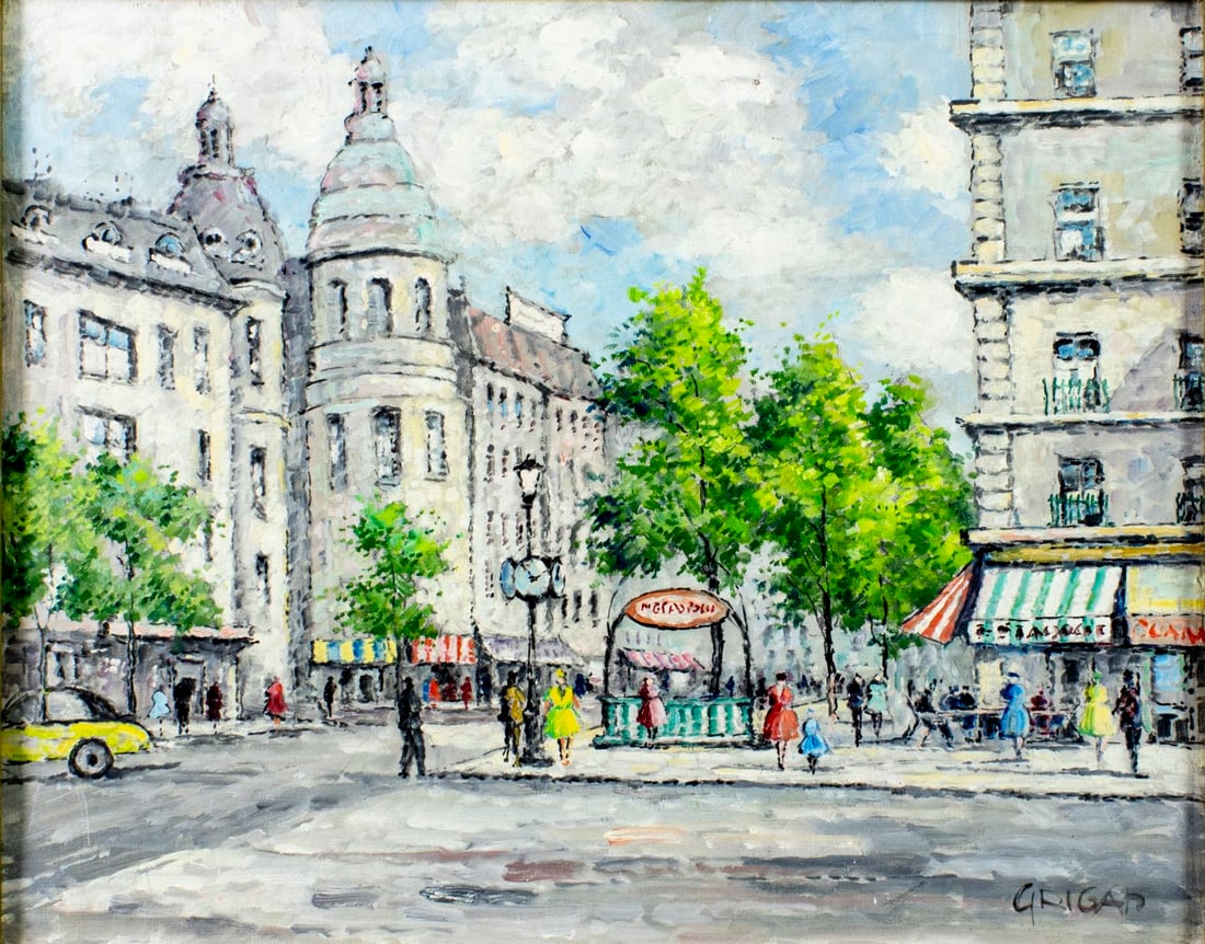 Ota Grigar (Czech,1910-1968) oil painting: ARTIST: Ota Grigar (Czech Republic, 1910 - 1968) TITLE: Paris Cityscape, France MEDIUM: oil on canvas CONDITION: Few minor scratches/paint losses. No visible inpaint under