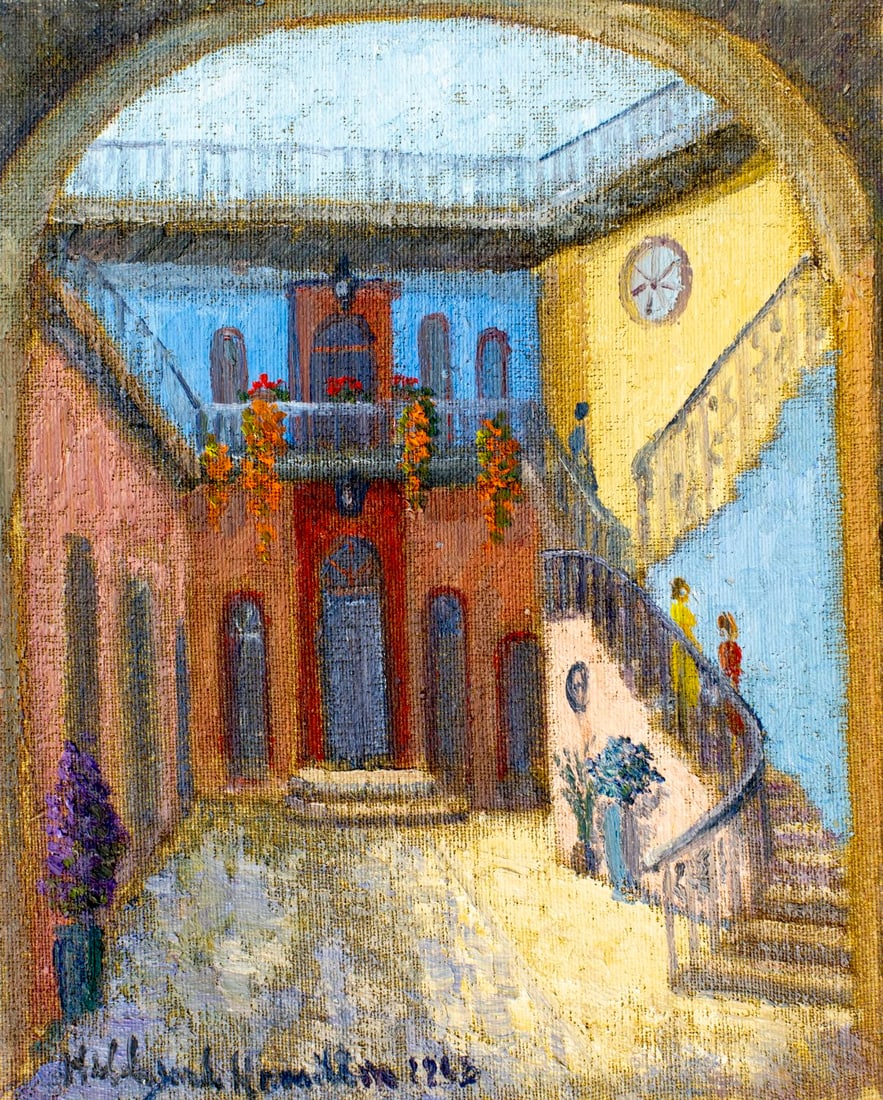 Hildegarde Hamilton (FL,VA,1898-1970) oil painting: ARTIST: Hildegarde Hume Hamilton (Florida, Virginia, 1898 - 1970) TITLE: Courtyard Cityscape YEAR: 1968 MEDIUM: oil on canvas CONDITION: Overall good.