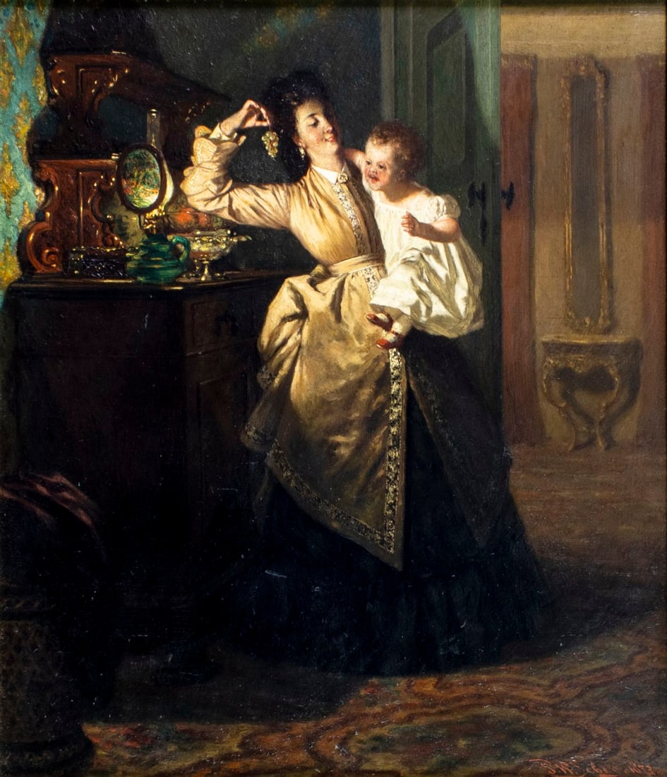 Pieter Willem Sebes (Dutch,1830-1906) oil painting antique: ARTIST: Pieter Willem Sebes (Netherlands, 1830 - 1906) TITLE: Mother with Child YEAR: 1873 MEDIUM: oil on board CONDITION: Few very minor paint losses.