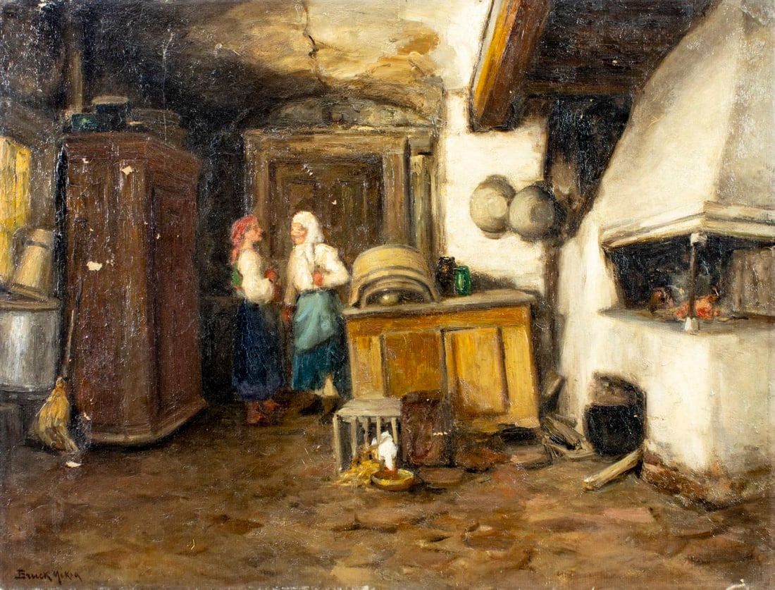 Miksa Bruck (Hungary,1863-1920) oil painting antique: ARTIST: Miksa Bruck (Hungarian, 1863 - 1920) TITLE: Interior Scene MEDIUM: oil on canvas CONDITION: Some flaking/paint losses (see pictures carefully). Some craquelure. No