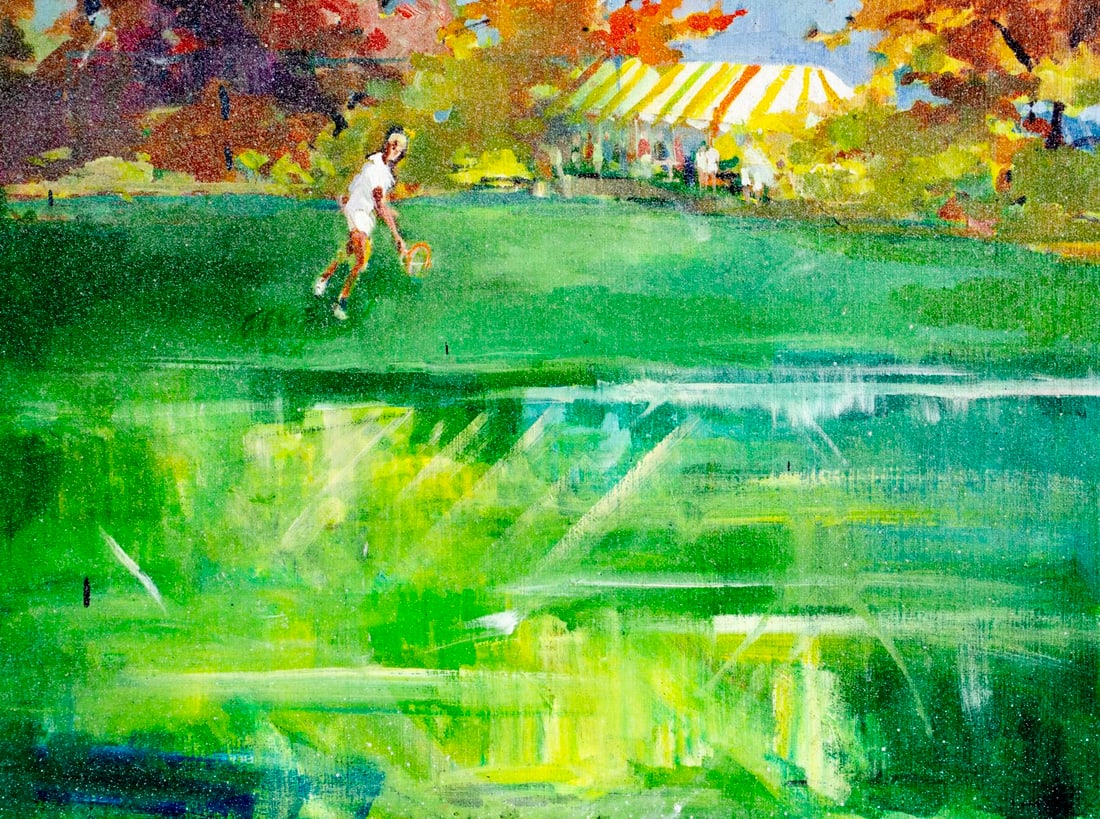 Vintage 20C American oil painting: ARTIST: - (American, 20 century) TITLE: Tennis Scene MEDIUM: oil on canvas CONDITION: Very good. No visible inpaint under UV light. ART SIZE: 21 x 28 i