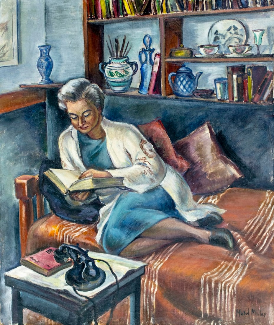 ATTR Mabel Miller (CA,IL,1873-1944) oil painting antique: ARTIST: ATTRIBUTED TO Mabel Miller (California, Illinois, 1873 - 1944) TITLE: Woman Reading MEDIUM: oil on canvas CONDITION: Some small scratches/paint losses. Minor craque