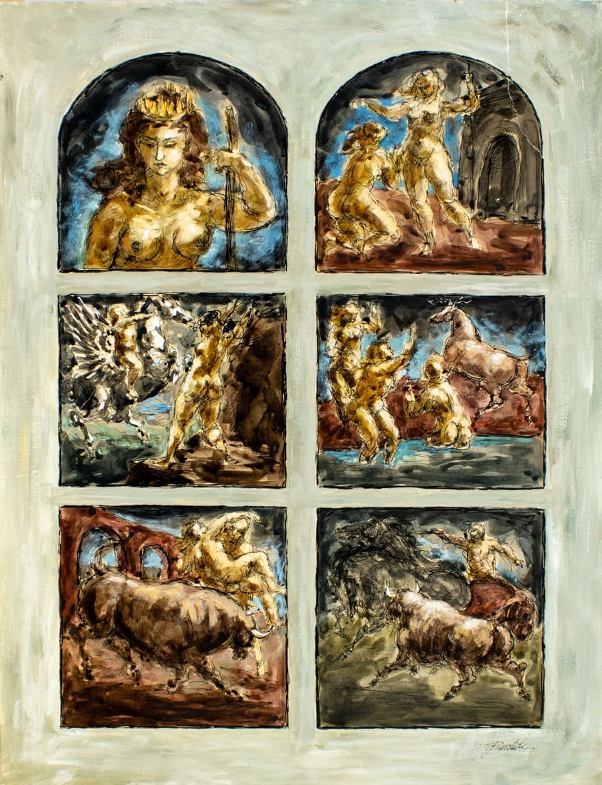 Charles Burdick (NY,MA,FL,RI,1924-2016) oil painting: ARTIST: Charles Edward Burdick (New York, Massachusetts, Florida, Rhode Island, 1924 - 2016) TITLE: Greco-Roman Mythological Scenes MEDIUM: oil on board CONDITION: Some r