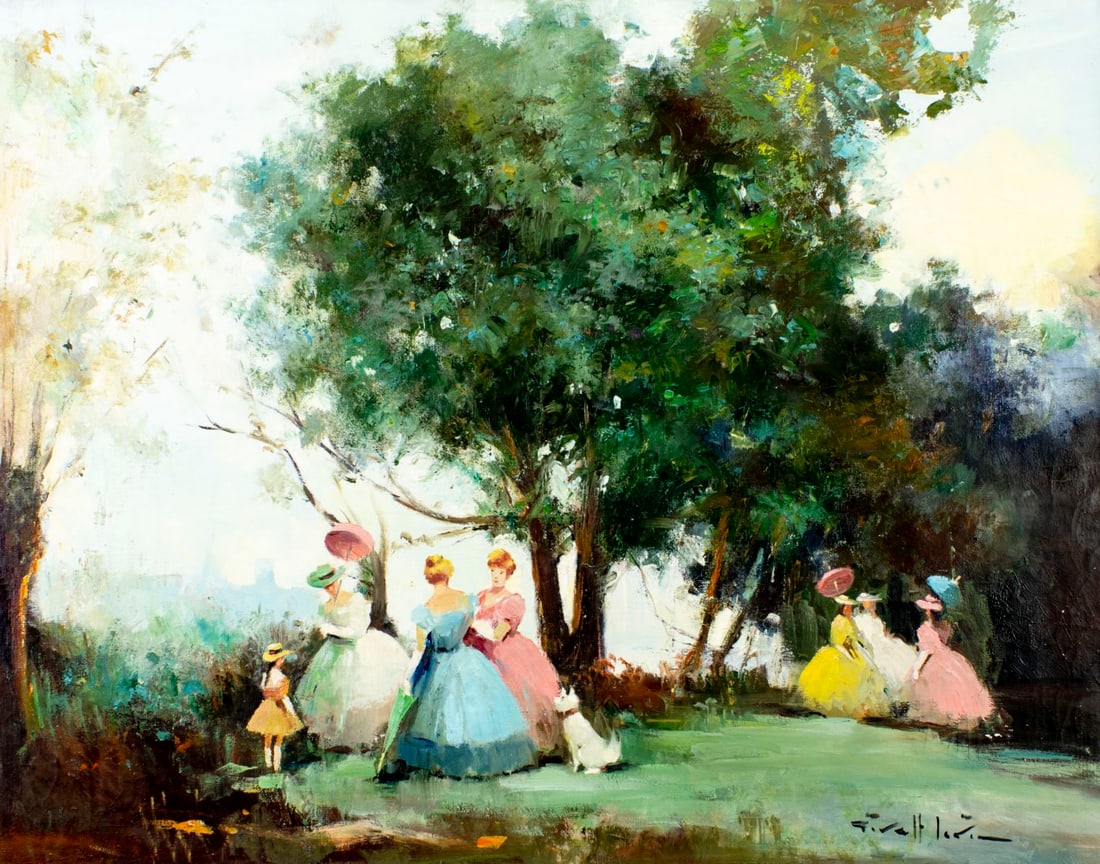 Joan Giralt Lerin (Spain,1907-?) oil painting: ARTIST: Joan Giralt Lerin (Spanish, 1907 - ???) TITLE: Ladies on Promenade MEDIUM: oil on canvas CONDITION: Unstretched (In-House stretching available) (In-House stretchin