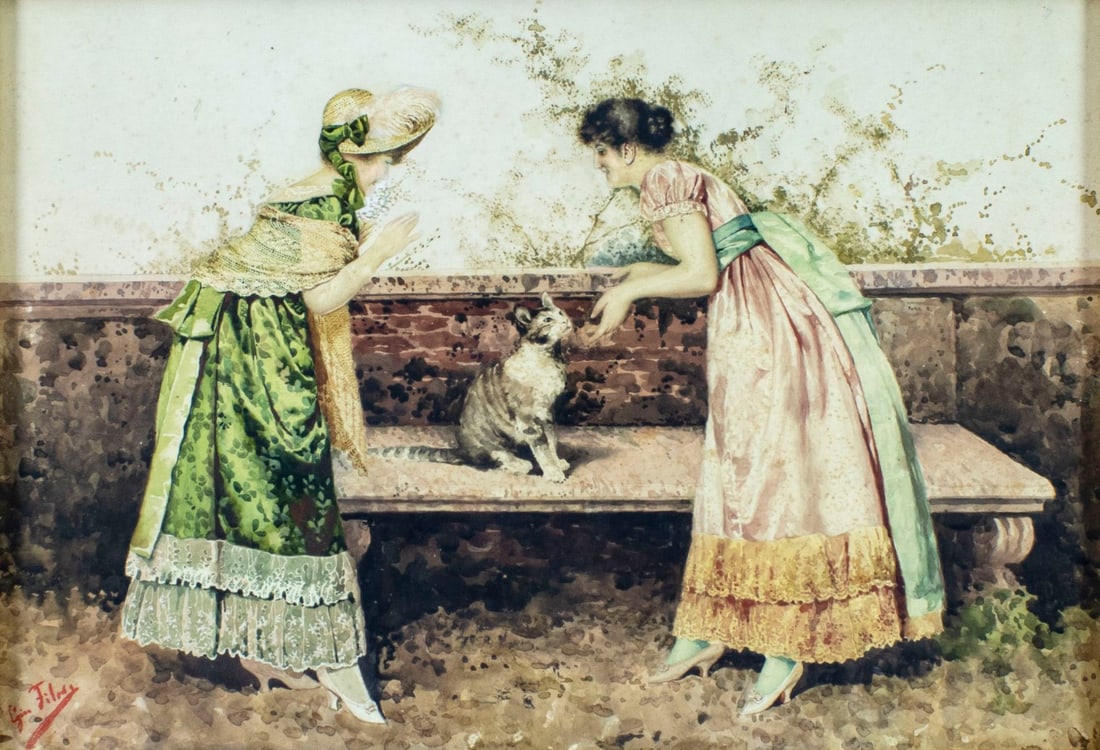 Giovanni Filosa (Italy,1850-1935) watercolor painting antique: ARTIST: Giovanni Battista Filosa (Italian, 1850 - 1935) TITLE: Ladies and Cat MEDIUM: watercolor on paper CONDITION: Some foxing. Some age toning. Framed under glass. Wear