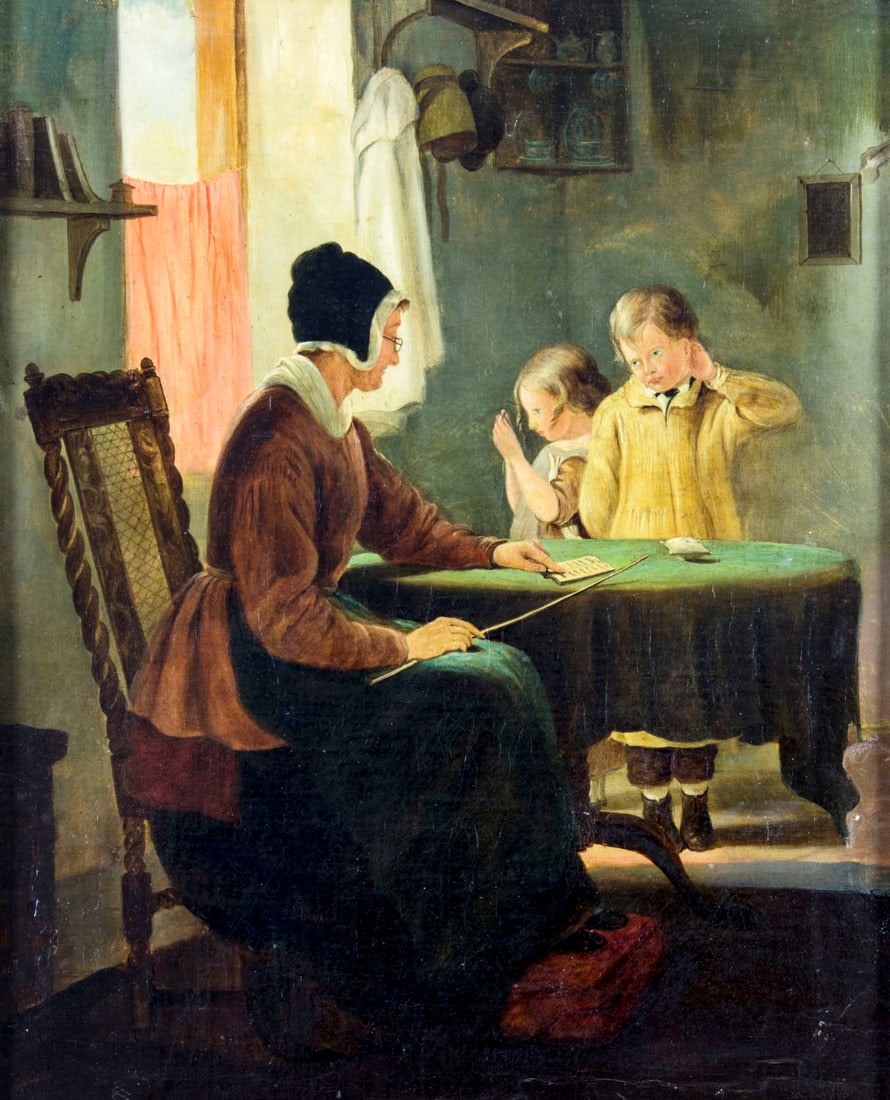 Antique 19C European oil painting: ARTIST: - (Europe, 19 century) TITLE: Grandmother Teaching Her Grandchildren MEDIUM: oil on canvas CONDITION: Relined. Minor craquelure. Some inpaiting along lower edge. F