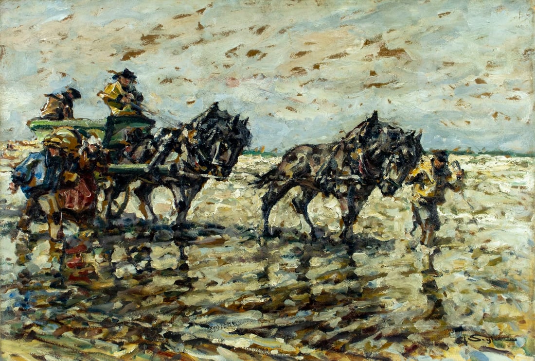 Julius Seyler (MT,German,1873-1955) oil painting: ARTIST: Julius Seyler (Montana, Germany, 1873 - 1955) TITLE: Seaweed Gatherers MEDIUM: oil on board CONDITION: Some damages and nail holes along edges. Few small scratches