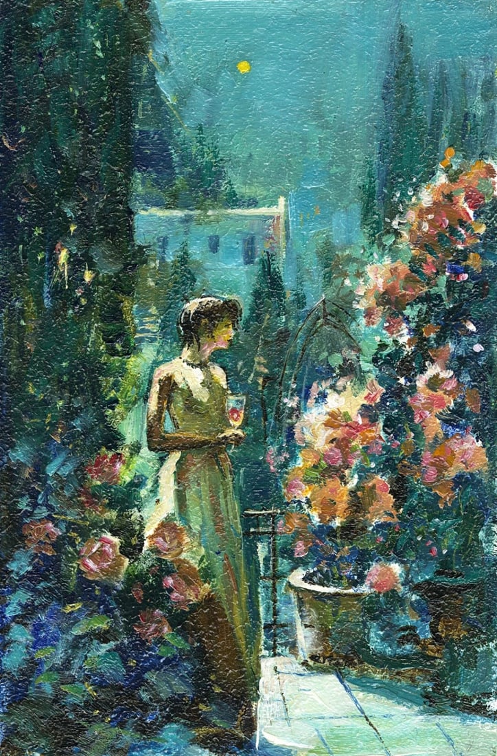 Sergey Kozachkin (Ukraine,b 1965) oil painting: ARTIST: Sergey Vasilievich Kozachkin (Ukraine, born 1965) TITLE: Woman with Wine in Garden MEDIUM: oil on board CONDITION: Very good. No visible inpaint under UV light. <