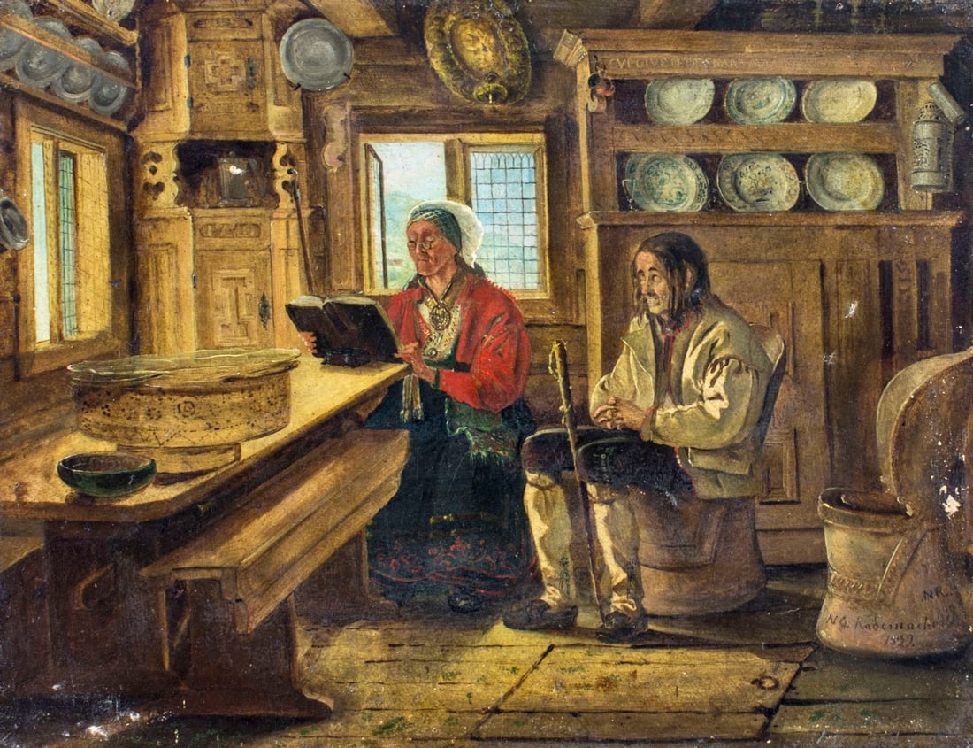 Niels Rademacher (Denmark,1812-1885) oil painting antique: ARTIST: Niels Gronbeck Rademacher (Danish, 1812 - 1885) TITLE: Interior Scene MEDIUM: oil on canvas CONDITION: Some small paint losses. Very minor craquelure. No visible i