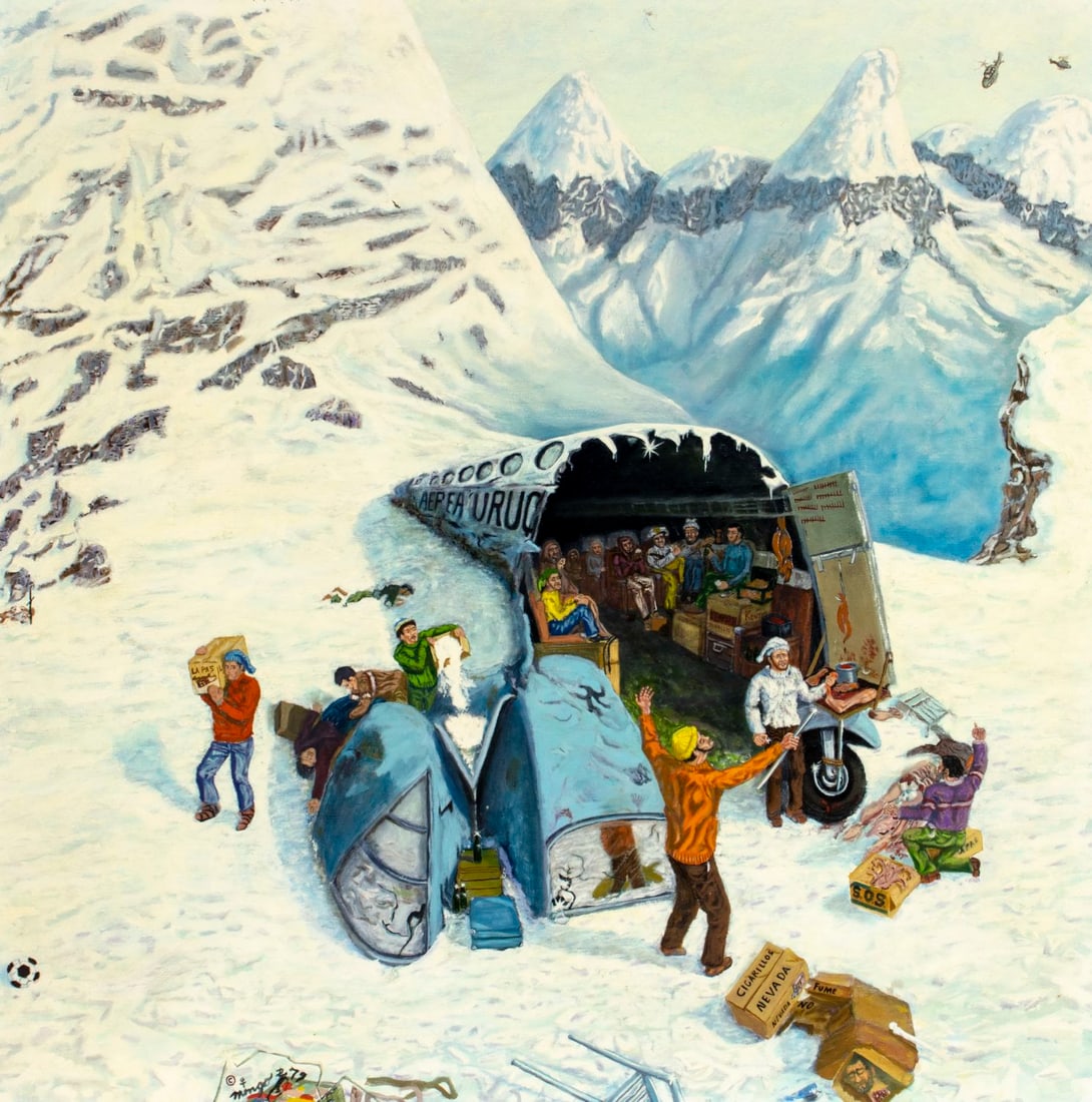 Domingo Luyanda (NY,20C) oil painting: ARTIST: Domingo Luyanda (New York, 20 century) TITLE: Plane Crash Scene YEAR: 1979 MEDIUM: oil on canvas CONDITION: Few minor paint losses. Some craquelu