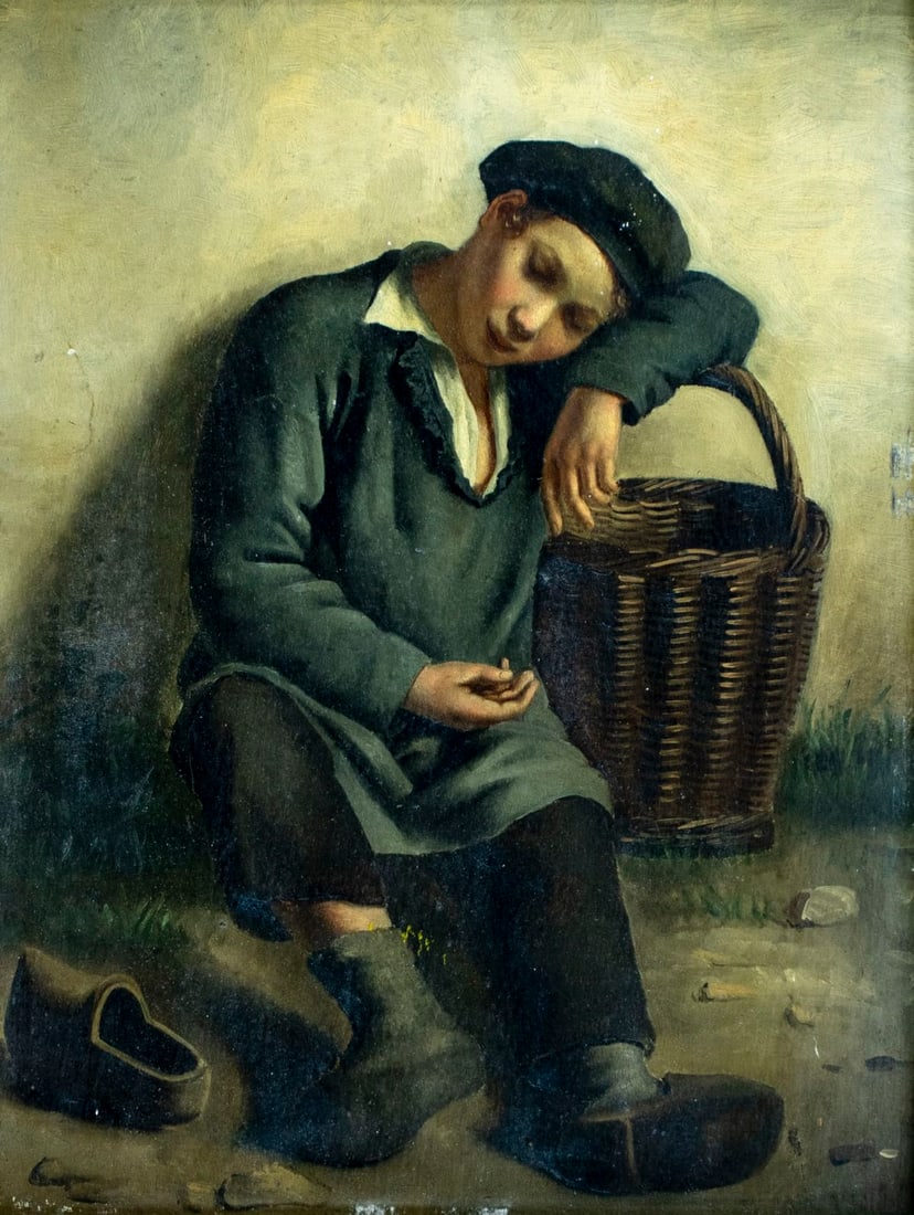 Antique 19C European oil painting: ARTIST: - (Europe, 19 century) TITLE: Sleeping Boy with Bsket MEDIUM: oil on board CONDITION: Some small scratches/paint losses mostly along edges. No visible inpaint und