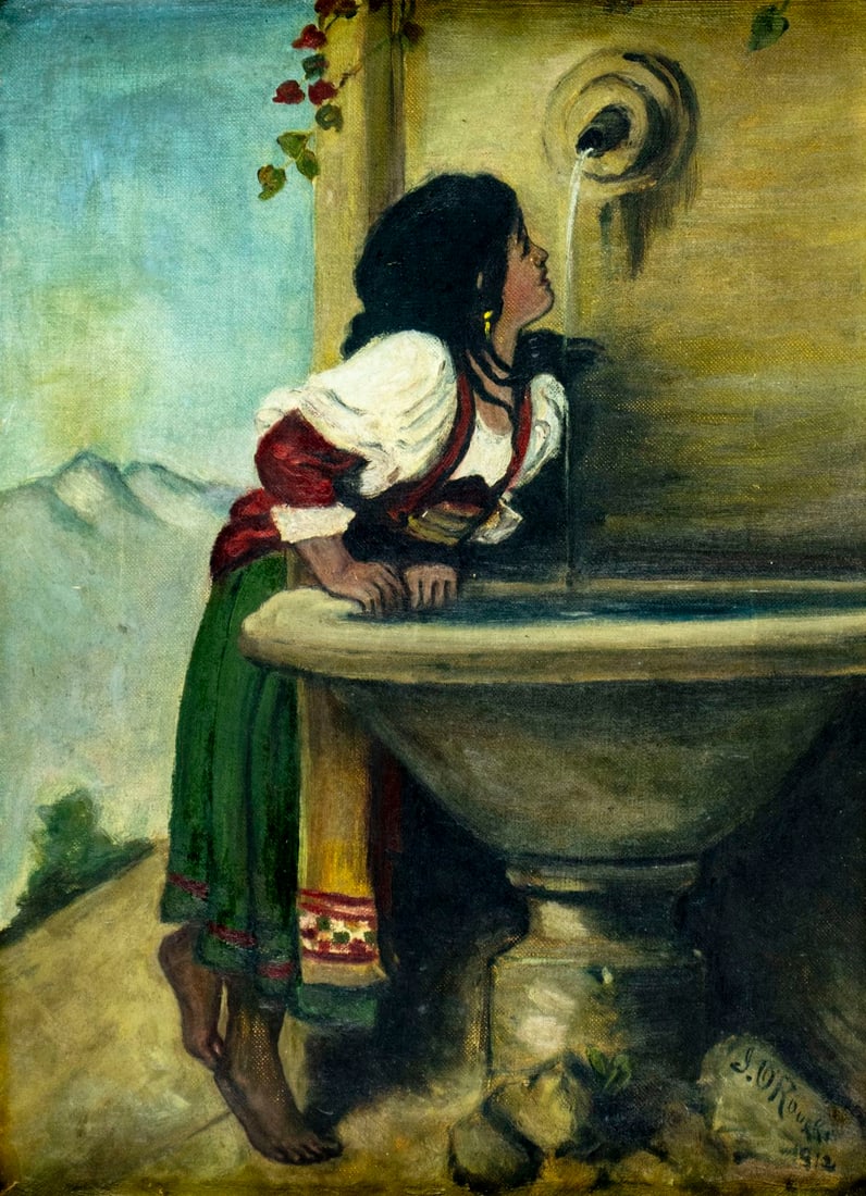 G O'Rourke (US,early 20C) oil painting antique: ARTIST: G O'Rourke (American, early 20 century) AFTER Leon Bonnat (US, France, Spain, 1833 - 1922) TITLE: Roman Girl At A Fountain YEAR: 1912 MEDIUM: oil on canvas