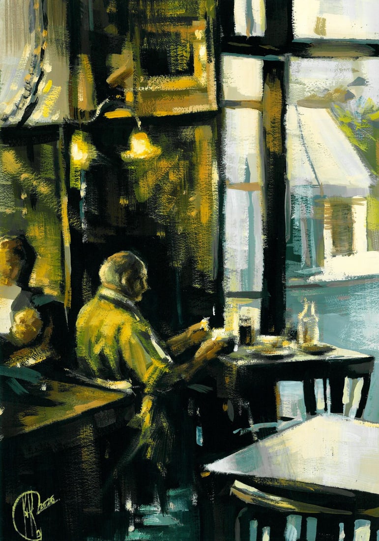 Ivanna Kotulych (Ukraine,20/21C) acrylic painting: ARTIST: Ivanna Kotulych (Ukraine, 20/21 centuries) TITLE: Man at Cafe MEDIUM: acrylic on heavy paper CONDITION: Very good. ART SIZE: 12 x 8 inches / 30 x