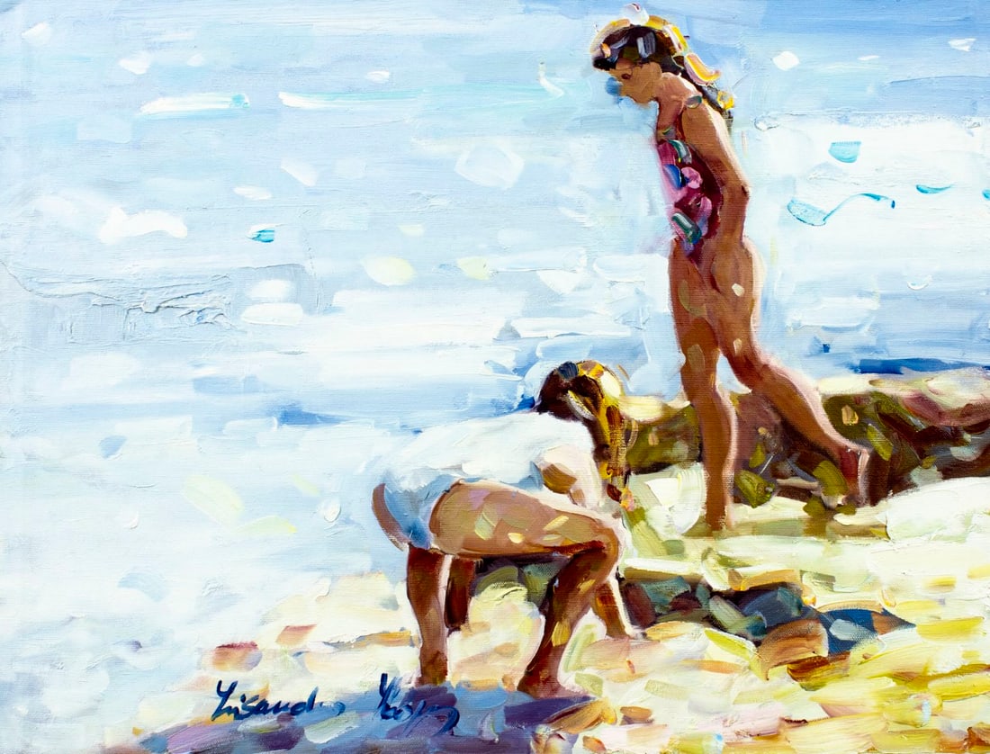 Lisandro Baylon (Argentina,US,1951-?) oil painting: ARTIST: Lisandro Lopez Baylon (Argentinian, American, 1951 - ???) TITLE: Beach Scene MEDIUM: oil on canvas CONDITION: Unstretched (In-House stretching available) (In-House