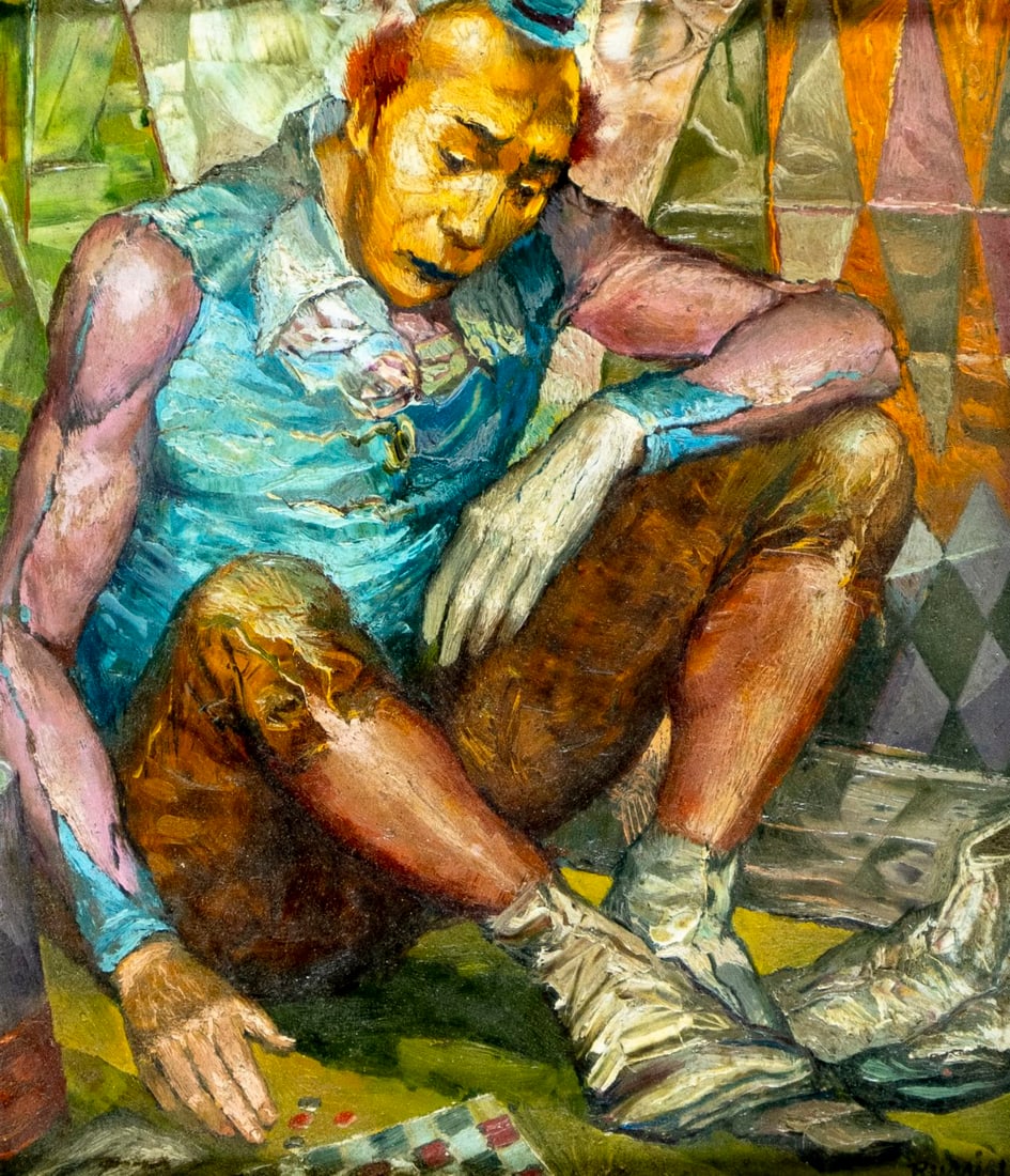 George Russin (FL,1910-2010) oil painting: ARTIST: George Russin (Florida, 1910 - 2010) TITLE: Clown Playing Checkers MEDIUM: oil on board CONDITION: Overall good. No visible inpaint under UV light. Minor damages t