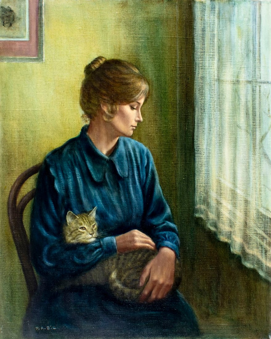 Peter A Bill (UK,1936-2014) oil painting: ARTIST: Peter A Bill (United Kingdom, 1936 - 2014) TITLE: Portrait of Woman with Cat MEDIUM: oil on canvas CONDITION: Unstretched (In-House stretching available) (In-House