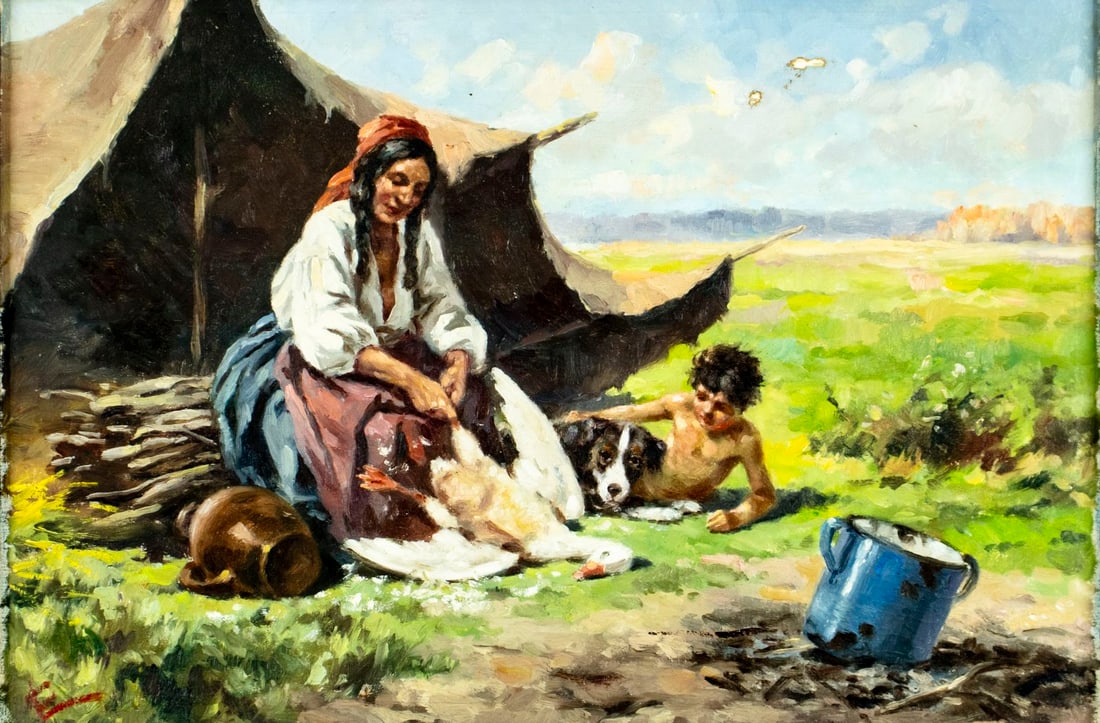 Antique early 20C European oil painting signed: ARTIST: - (Europe, early 20 century) TITLE: Camp Scene MEDIUM: oil on canvas CONDITION: One patch. Some paint losses mostly in the upper right quadrant. No visible inpaint