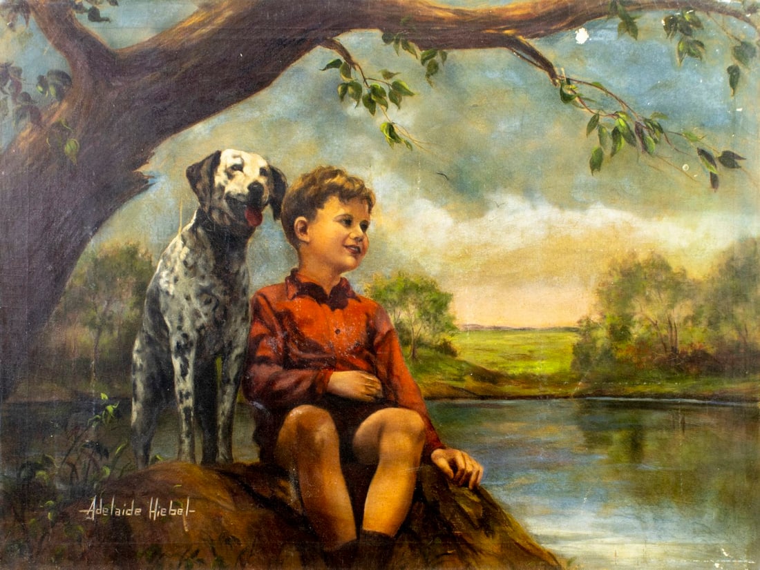Adelaide Hiebel (IL,CA,WI,1879-1965) oil painting antique: ARTIST: Adelaide Hiebel (Illinois, California, Wisconsin, 1879 - 1965) TITLE: Boy with Dalmatian Dog MEDIUM: oil on canvas CONDITION: One small patch. Some scratches/paint l