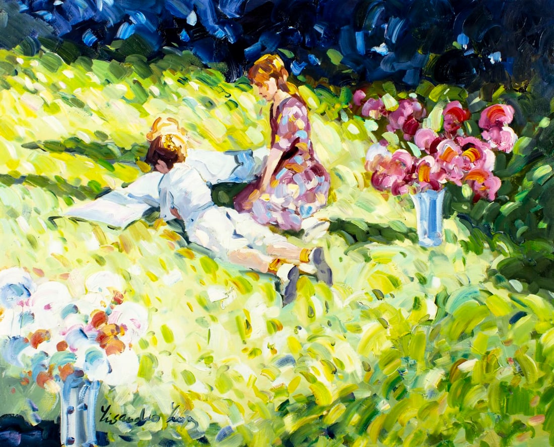 Lisandro Baylon (Argentina,US,1951-?) oil painting: ARTIST: Lisandro Lopez Baylon (Argentinian, American, 1951 - ???) TITLE: Picnic MEDIUM: oil on canvas CONDITION: Unstretched (In-House stretching available) (In-House str
