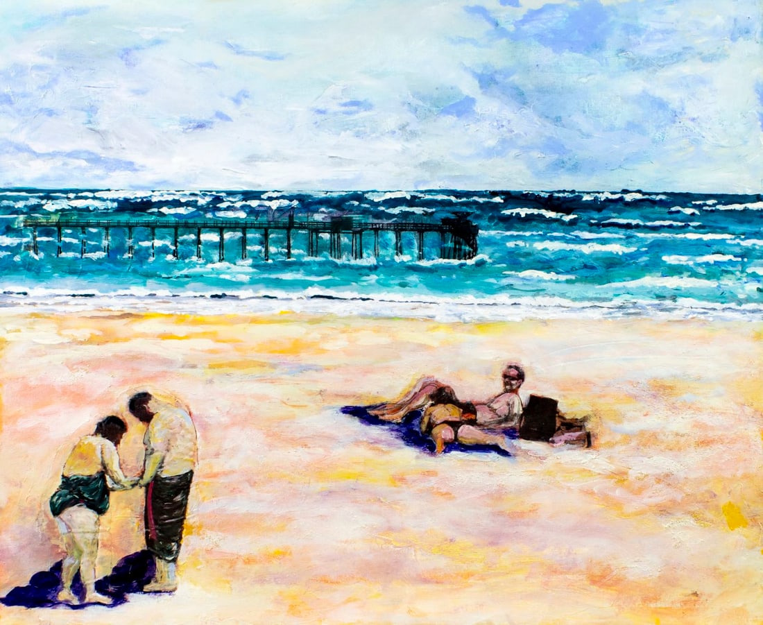 Susan Hershberg Adelman (MI,1941-?) acrylic painting: ARTIST: Susan Hershberg Adelman (Michigan, 1941 - ???) TITLE: Beach Scene MEDIUM: acrylic on canvas CONDITION: Overall good. No visible inpaint under UV light. Normal wear