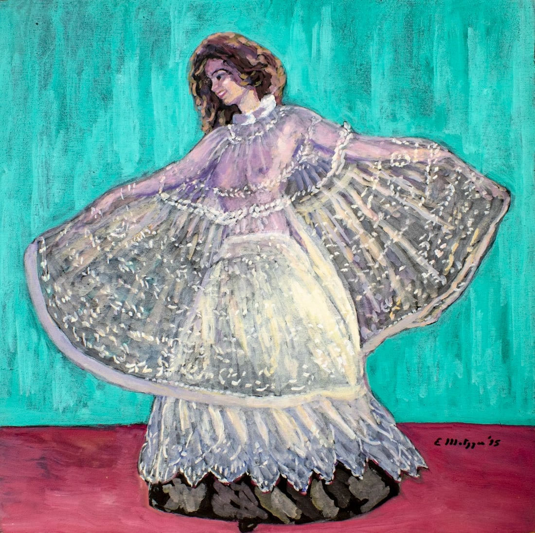 Evelyn Metzger (NY,Brazil,1911-2007) oil painting: ARTIST: Evelyn Borchard Metzger (New York, Brazilian, 1911 - 2007) TITLE: Peek-a-boo (titled on verso) YEAR: 1995 MEDIUM: oil on board CONDITION: Some sm