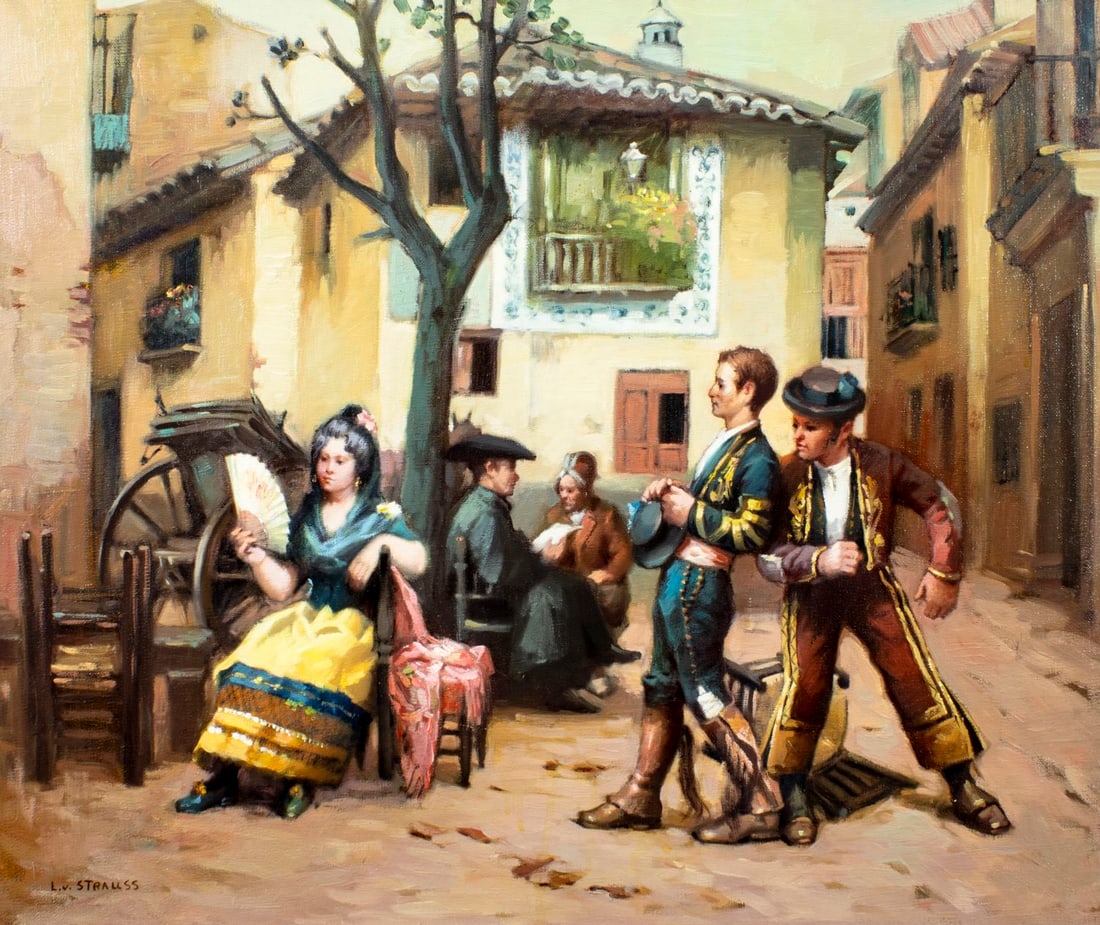 L V Strauss (German,20C) oil painting: ARTIST: L V Strauss (Germany, 20 century) TITLE: Spanish Street Scene MEDIUM: oil on canvas CONDITION: Unstretched (In-House stretching available) (In-House stretching avail