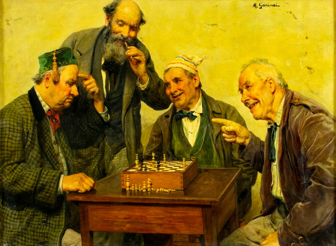 Michele Garinei (Italy,1871-1960) oil painting: ARTIST: Michele Garinei (Italian, 1871 - 1960) TITLE: Chess Players MEDIUM: oil on canvas CONDITION: Two patches. Some small scratches/paint losses mostly by the right edg