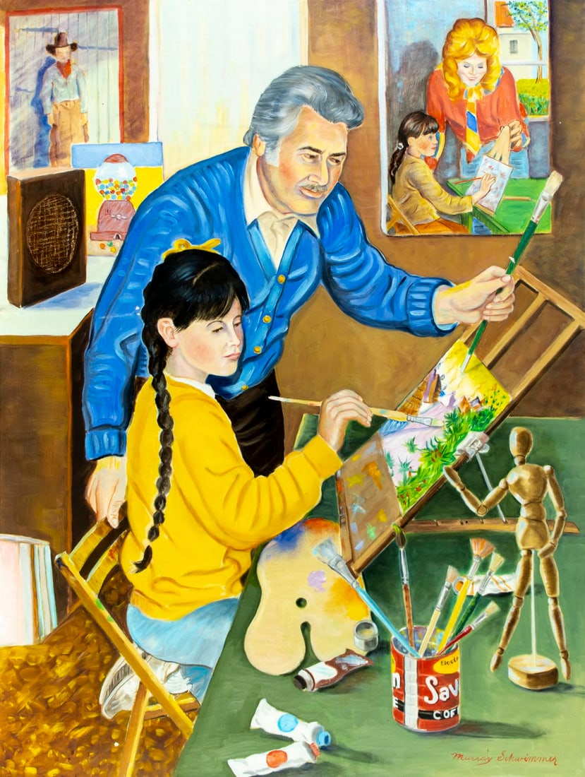 Murray Schwimmer Papell (NY,1924-2017) acrylic painting: ARTIST: Murray Schwimmer Papell (New York, 1924 - 2017) TITLE: Art Lesson MEDIUM: acrylic on canvas CONDITION: Some paint losses. No visible inpaint under UV light. Normal