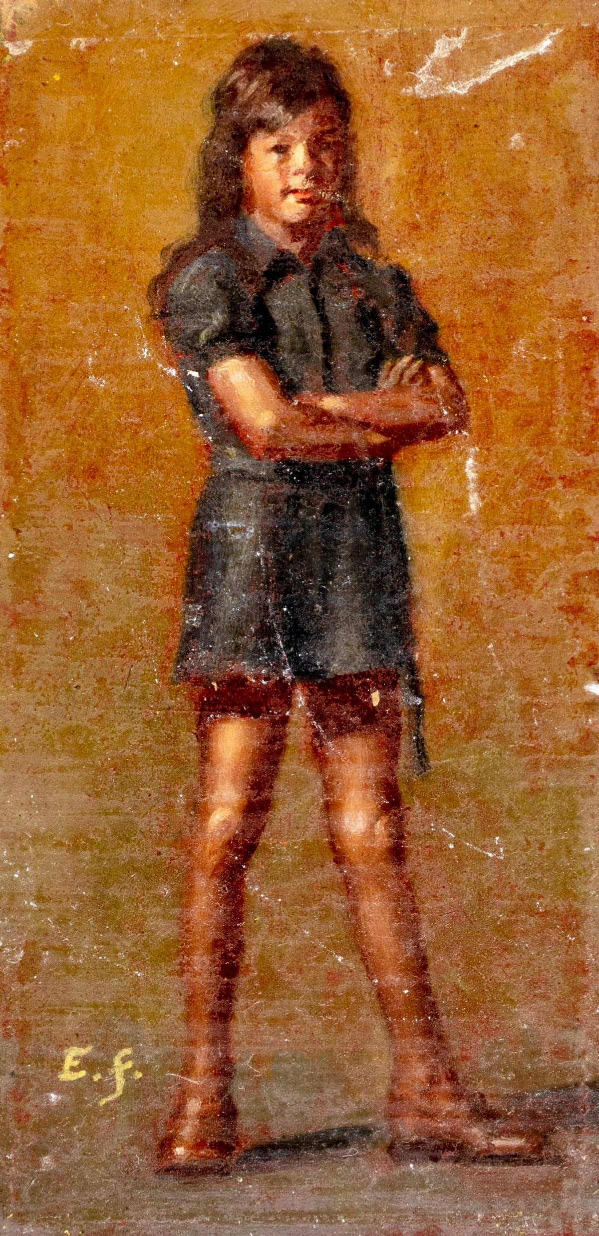 P Richard Eichman (MD,1941-2001) oil painting: ARTIST: P Richard Eichman (Maryland, 1941 - 2001) TITLE: Girl in Blue Dress MEDIUM: oil on board CONDITION: Some scratches/paint losses. Some damages to edges. No visible