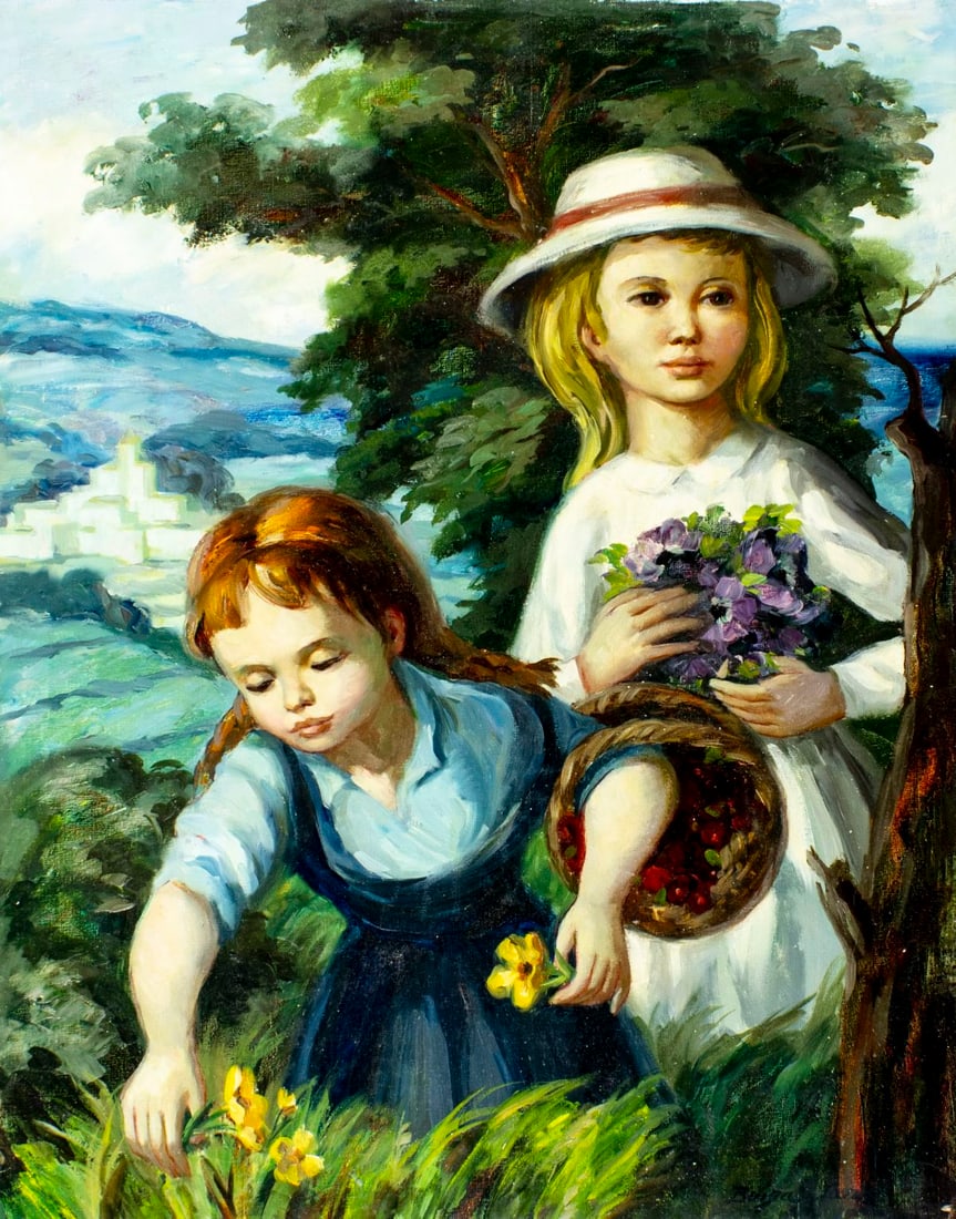 Jose Buigas (Spain,1927-?) oil painting: ARTIST: Jose Buigas (Spanish, 1927 - ???) TITLE: Girls Picking Flowers MEDIUM: oil on canvas CONDITION: Unstretched (In-House stretching available) (In-House stretching av