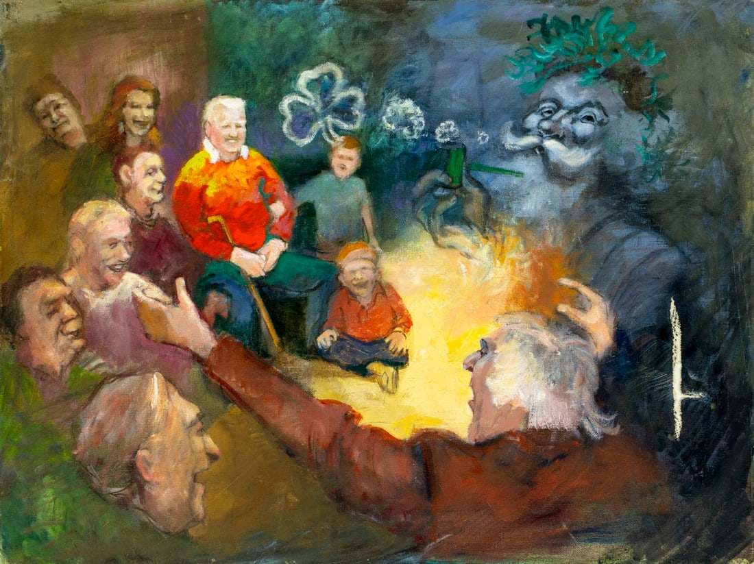 John Reilly (NY,NJ,1942-2021) oil painting: ARTIST: John Reilly (New York, New Jersey, 1942 - 2021) TITLE: Story Time MEDIUM: oil on canvas CONDITION: One patch. Some paint losses mostly along edges. No visible inpa