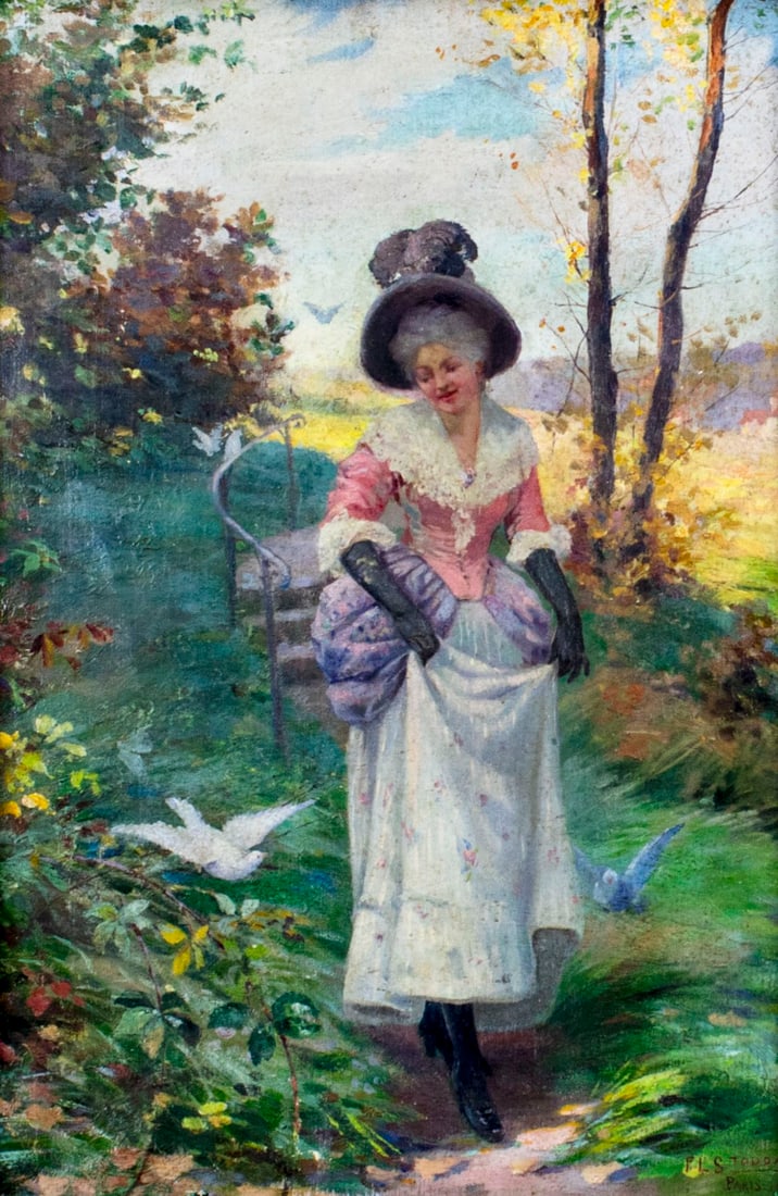 Frederick Stoddard (MA,Canada,1861-1940) oil painting antique: ARTIST: Frederick Lincoln Stoddard (Massachusetts, Canadian, 1861 - 1940) NAME: Strolling Lady MEDIUM: oil on canvas CONDITION: Missing a few flakes of paint. No visible inpaint under UV lig
