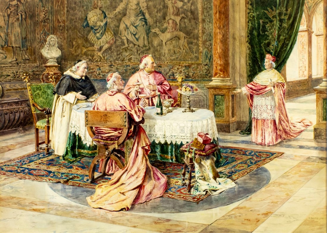 Pietro Pavesi (Italy,1844-1907) watercolor painting antique: ARTIST: Pietro Pavesi (Italian, 1844 - 1907) TITLE: Interior Scene with Cardinals YEAR: 1918 MEDIUM: watercolor on paper CONDITION: Some foxing (just f