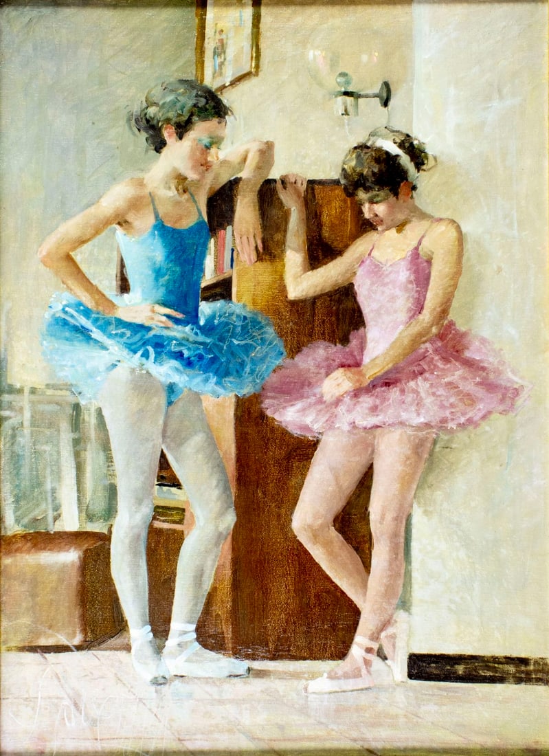 Aldo Gaverini (Italy,1929-?) oil painting: ARTIST: Aldo Gaverini (Italian, 1929 - ???) TITLE: Two Ballerinas YEAR: 1989 MEDIUM: oil on canvas CONDITION: Missing a few flakes of paint. Some craqu